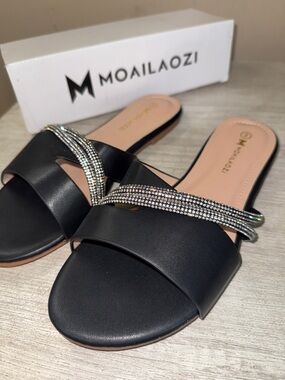 NWT Women's Black Slide Sandals with Rhinestone Straps